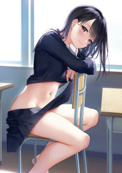 1girl black_hair blush brown_eyes chair closed_mouth day desk highres holding_own_skirt indoors long_hair looking_at_viewer mignon navel no_panties on_chair original sailor_collar school_desk school_uniform simple_background skirt smile solo stomach thighs window rating:Sensitive score:122 user:danbooru