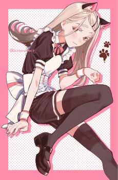  1girl :3 animal_ear_fluff animal_ears apron back_bow black_shirt black_shoes black_shorts black_thighhighs blonde_hair blush border bow bowtie cat_ears closed_mouth collared_shirt colored_eyelashes commentary_request contrast_collar corset drop_shadow earrings flipped_hair foot_out_of_frame frilled_apron frills from_side gakuen_idolmaster gradient_hair grey_hair hair_ornament hairclip happy_mille-feuille_(idolmaster) heart_apron idolmaster jewelry kemonomimi_mode knee_up long_hair looking_at_viewer maid maid_apron mary_janes multicolored_hair orange_eyes outside_border parallel_hairclips pink_border pink_bow pink_bowtie rumoi_(dekoponamai7) shinosawa_hiro shirt shoes shorts solo stud_earrings swept_bangs thighhighs twitter_username white_apron white_corset wrist_cuffs 