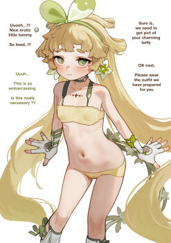 1girl bare_shoulders blonde_hair blush bow bow_hairband bra cameltoe crying_emoji dot_nose embarrassed emoji english_text flat_chest flower gloves green_bow green_eyes hair_flower hair_ornament hairband highres kani_fish legs_apart loli long_hair looking_at_viewer midriff navel paid_reward_available panties partially_fingerless_gloves simple_background standing twintails underwear verina_(wuthering_waves) very_long_hair white_background white_gloves wuthering_waves yellow_bra yellow_panties rating:Questionable score:325 user:danbooru