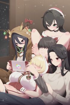  1boy 4girls animal_costume animal_hood arm_under_breasts barefoot black_choker black_hair blonde_hair blush breasts brown_eyes choker closed_mouth cosplay doro_(nikke) elegg_(nikke) exia_(nikke) feet gloves goddess_of_victory:_nikke hair_over_eyes hand_on_own_chest handheld_game_console highres hood hood_up indoors kigurumi large_breasts long_hair long_sleeves maiden_(nikke) maidforge medium_hair multiple_girls neck_bell overall_shorts overalls red_eyes red_gloves reindeer_costume short_hair smile soles sweater toes trony_(nikke) 