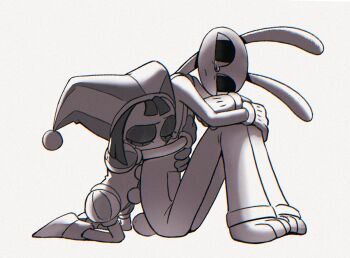  1boy 1girl animal_ears closed_eyes commentary crying dilated_pupils dub_eek furry furry_male greyscale hat hug hug_from_behind jax_(the_amazing_digital_circus) jester_cap knees_up monochrome pomni_(the_amazing_digital_circus) rabbit_boy rabbit_ears sitting the_amazing_digital_circus 