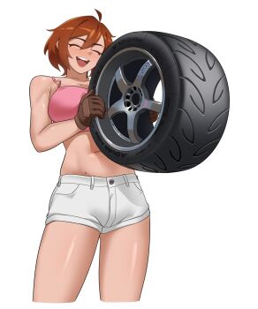  1girl :d ^_^ absurdres ahoge arhentol breasts brown_gloves brown_hair closed_eyes commentary cowboy_shot crop_top cropped_legs english_commentary gloves hair_between_eyes highres holding_tire large_breasts mole mole_on_breast mole_on_stomach navel open_mouth original pink_tank_top raelyn_cunningham_(arhentol) short_hair short_shorts shorts simple_background smile solo spaghetti_strap tank_top thighs unused_tire white_background white_shorts yokohama_tire 