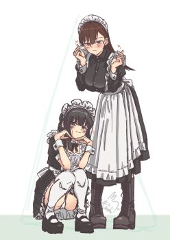  2girls absurdres alternate_costume apron black_boots black_dress black_hair blush boots braid breasts brown_eyes brown_hair dress enmaided finger_heart flat_chest frills full_body highres kantai_collection kitakami_(kancolle) lace-up_boots long_hair looking_at_viewer maid maid_apron maid_headdress medium_breasts motizou multiple_girls ooi_(kancolle) panties pantyshot short_sleeves simple_background single_braid smile squatting thighhighs underwear white_apron white_background white_panties white_thighhighs 