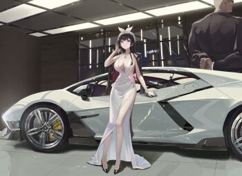  1boy 1girl absurdres black_hair black_jacket black_shoes blue_eyes car commentary dress eldaga hair_ornament highres indoors jacket long_dress looking_at_viewer motor_vehicle no_bra no_panties pink_ribbon ribbon shirayuki_hina shoes stellive untranslatable_commentary white_car white_dress 