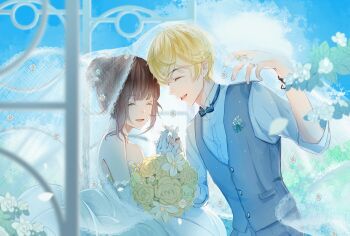  1boy 1girl ^_^ arch bare_shoulders blonde_hair blue_bow blue_bowtie blue_pants blue_sky blue_vest blunt_bangs bouquet boutonniere bow bowtie bracelet breast_pocket bridal_veil bride brown_hair buttons closed_eyes cloud commentary_request couple cowboy_shot crossed_bangs daisy_(flower) day dress elbow_gloves eyelashes falling_petals fishnet_veil flower garden gloves groom hair_between_eyes hair_bun hair_flower hair_ornament happy hetero highres holding holding_bouquet holding_hands husband_and_wife interlocked_fingers jewelry lace lace-trimmed_gloves lace-trimmed_veil lace_trim long_sleeves love_and_producer miqing multiple_rings open_mouth outdoors pants petals pocket pointy_nose protagonist_(love_and_producer) ring rose rose_petals shared_veil shirt short_hair single_hair_bun sky sleeve_cuffs smile standing strapless strapless_dress suit_pants teeth three-quarter_sleeves traditional_bowtie updo upper_teeth_only v-neck veil vest wedding wedding_dress white_dress white_flower white_gloves white_rose white_shirt white_veil yellow_flower yellow_rose zhou_quiluo 