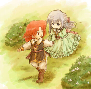  1boy 1girl aged_down alternate_costume aqua_dress beads black_tunic boots brother_and_sister brown_boots child commentary_request dress fire_emblem fire_emblem:_genealogy_of_the_holy_war flower grey_hair hair_beads hair_ornament holding holding_flower holding_hands julia_(fire_emblem) juliet_sleeves julius_(fire_emblem) long_hair long_sleeves looking_at_another looking_back lowres nintendo open_mouth outdoors pants puffy_sleeves red-50869 red_eyes red_hair short_hair siblings smile tunic twins walking white_pants white_sleeves 