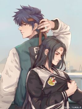  1o8k 2boys alternate_costume alternate_universe back-to-back black_hair blue_eyes blue_hair closed_mouth commentary english_commentary facial_mark fire_emblem fire_emblem:_path_of_radiance forehead_mark headband ike_(fire_emblem) jacket letterman_jacket long_hair male_focus multiple_boys nintendo red_eyes red_headband short_hair soren_(fire_emblem) 