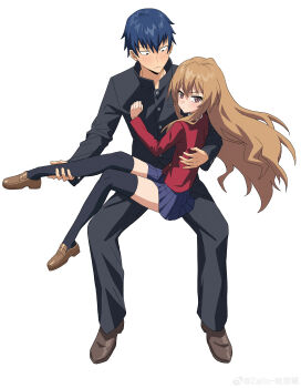 1boy 1girl absurdres aisaka_taiga black_pants black_thighhighs blue_hair blue_skirt brown_eyes brown_hair brown_shoes closed_mouth couple gakuran hair_between_eyes hetero highres jacket loafers long_hair long_sleeves looking_at_viewer pants pleated_skirt q_haoyu school_uniform shoes simple_background sitting sitting_on_lap sitting_on_person skirt takasu_ryuuji thighhighs toradora! watermark weibo_watermark white_background rating:Sensitive score:11 user:danbooru