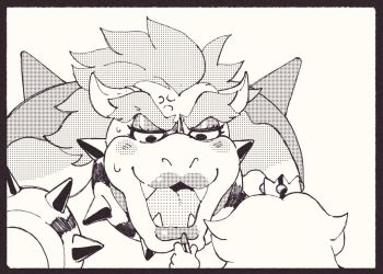  1boy 1girl anger_vein applying_another's_makeup applying_lipstick applying_makeup armlet blush bowser bracelet collar cosmetics crown eyelashes eyeshadow fangs girly_boy greyscale half-closed_eyes holding holding_lipstick_tube inkerton-kun jewelry lipstick lipstick_tube long_hair makeup male_focus mario_(series) mini_crown monochrome nintendo open_mouth princess princess_peach rouge_(makeup) solo_focus spiked_armlet spiked_bracelet spiked_collar spiked_shell spikes sweatdrop thick_eyebrows turtle_shell upper_body v-shaped_eyebrows 