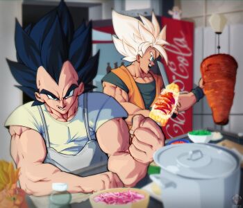 2boys absurdres al_pastor black_hair broly_(dragon_ball_z) character_doll coca-cola doctor_simi doll dragon_ball dragonball_z elote_(food) grongo_art highres mexico multiple_boys muscular open_mouth rotisserie son_goku spiked_hair super_saiyan taqueria teeth upper_teeth_only vegeta vertical_rotisserie