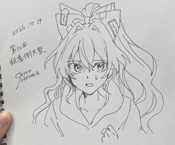  1girl bow commentary_request dated greyscale hair_bow highres hood hoodie long_hair looking_at_viewer monochrome open_mouth photo_(medium) signature solo sweatdrop touhou traditional_media translation_request uehara_suiyo yorigami_shion 