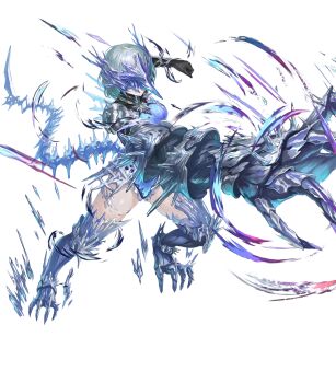  1girl asymmetrical_gloves attack black_gloves blue_eyes blue_gloves blue_leotard breasts claws eye_mask facial_hair fimbulvetr_(fire_emblem) fire_emblem fire_emblem_heroes gloves high_heels highres large_breasts leotard mask mismatched_gloves nintendo non-web_source official_art short_hair solo tail transformation white_hair 