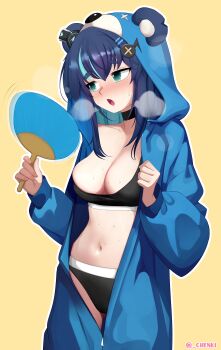  1girl absurdres animal_hood aqua_eyes bear_hood black_bra black_choker black_hair black_panties blue_hair blush bra breasts breath chenki_(chenki) choker cleavage fortissimo fujikura_uruka hair_ornament hand_fan highres holding holding_fan hood large_breasts multicolored_hair musical_note musical_note_hair_ornament navel onesie outline panties phase_connect solo stomach streaked_hair sweat twitter_username underwear unzipped virtual_youtuber white_outline yellow_background  rating:Sensitive score:33 user:danbooru