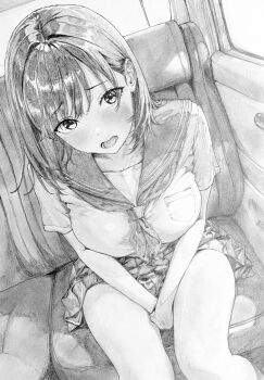  1girl absurdres blush breasts commentary_request feet_out_of_frame graphite_(medium) highres large_breasts lensia long_hair looking_at_viewer miniskirt neckerchief open_mouth original pleated_skirt sailor_collar school_uniform serafuku shirt short_sleeves sitting skirt solo traditional_media 