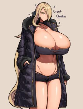  1girl absurdres alternate_breast_size_(larger) blonde_hair breasts bursting_breasts coat collar cynthia_(pokemon) english_text fur_collar hair_ornament hair_over_one_eye highres huge_breasts jewelry long_hair looking_at_viewer midriff necklace nintendo pokemon pokemon_dppt short_shorts shorts simple_background strapless torn_clothes tube_top whale_tail_(clothing) wolffeld_price  rating:Sensitive score:81 user:danbooru