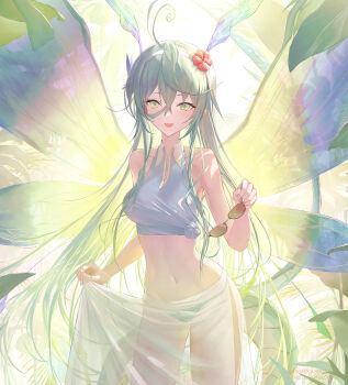 1girl antenna_hair bikini commentary english_commentary flower green_eyes green_hair hair_between_eyes hair_flower hair_ornament highres holding holding_removed_eyewear leaf long_hair looking_at_viewer morichika_shuuto navel original red_flower sarong slit_pupils solo sunglasses sunlight swimsuit unworn_eyewear white_bikini 