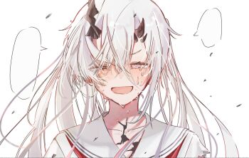  1girl 909_(reverseblue) asymmetrical_horns black_horns commentary_request crying crying_with_eyes_open grey_eyes grey_hair hair_between_eyes heterochromia highres horns long_hair neckerchief open_mouth red_eyes red_neckerchief reverseblue_x_re-birthend sailor_collar solo tears white_sailor_collar 
