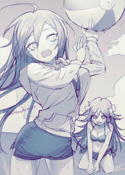  +_+ 2girls absurdres ahoge ball beach_volleyball bikini blue_theme blush breasts checkered_bikini checkered_clothes cleavage cloud danganronpa_(series) danganronpa_v3:_killing_harmony eyelashes flustered genderswap genderswap_(mtf) hair_ribbon highres hood hoodie large_breasts long_hair looking_at_another looking_to_the_side medium_breasts mokemokeeeee monochrome multiple_girls navel oma_kokichi open_clothes open_hoodie open_mouth partially_submerged playing_sports ribbon saihara_shuichi shorts side-tie_bikini_bottom simple_background sketch sweatdrop swimsuit twitter_username volleyball volleyball_(object) wading water water_volleyball 
