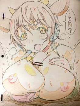  1boy 1girl animal_ears animal_print bare_shoulders bell bikini breasts breasts_squeezed_together brown_eyes brown_hair collar commentary_request cow_ears cow_horns cow_print cowbell detached_sleeves elbow_gloves fake_animal_ears fake_horns gloves hetero highres horns idolmaster idolmaster_cinderella_girls large_breasts looking_at_viewer neck_bell nipples oikawa_shizuku oikawa_shizuku_(moo_moo_fresh) open_mouth paizuri penis pink_gloves sharekoube short_hair swimsuit traditional_media white_bikini 