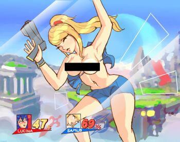 2girls against_glass armpits blonde_hair blue_eyes blush breast_press breasts breasts_on_glass censored closed_eyes fire_emblem gun handgun heart large_breasts laser lucina_(fire_emblem) metroid metroid_fusion multiple_girls navel nintendo pistol ponytail samus_aran shorts skin_tight sunbeam_(artist) super_smash_bros. tongue tongue_out wardrobe_malfunction weapon zero_suit