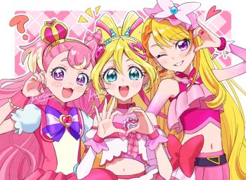  3girls :3 :d ? arched_crown artist_name asymmetrical_bangs asymmetrical_gloves belt black_belt blonde_hair blue_eyes blush_stickers bow bowtie braid braided_bangs bridal_gauntlets brooch butterfly_hat_ornament capelet claw_pose color_connection commentary cropped_shirt crown cure_butterfly cure_idol cure_wonderful detached_sleeves double_bun dress earrings elbow_gloves frilled_shirt frills girl_sandwich gloves hair_bow hair_bun hairband hat hat_ornament heart heart_brooch heart_hair_strand heart_hands hijiri_ageha hirogaru_sky!_precure hotsuka_idou in-franchise_crossover inukai_komugi jewelry kimi_to_idol_precure layered_gloves leaning_to_the_side long_hair looking_at_viewer magical_girl midriff mini_crown mob_cap multicolored_hair multiple_girls navel notice_lines open_mouth orange_hair pink_background pink_bow pink_gloves pink_hat pink_shirt pink_skirt pink_theme pleated_skirt precure puffy_detached_sleeves puffy_sleeves purple_bow purple_bowtie purple_eyes red_bow red_capelet red_dress sakura_uta_(precure) sandwiched shirt showgirl_skirt side-by-side signature single_sleeve skirt skirt_bow sleeveless sleeveless_shirt smile sparkle streaked_hair tilted_headwear two-tone_hair two_side_up very_long_hair white_hairband wing_brooch wonderful_precure! wrist_cuffs yellow_hairband 