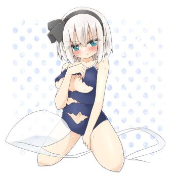  1girl alternate_costume areola_slip black_hairband blue_one-piece_swimsuit blush closed_mouth collarbone commentary_request competition_school_swimsuit covered_erect_nipples covering_breasts covering_privates green_eyes grey_hair hairband hitodama kneeling konpaku_youmu konpaku_youmu_(ghost) looking_at_viewer navel one-piece_swimsuit school_swimsuit shishiky solo sweat swimsuit torn_clothes torn_swimsuit touhou 