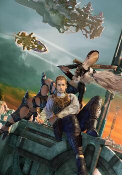  00s 1boy 1girl aircraft airship animal_ears armor balflear blonde_hair building city dark-skinned_female dark_skin earrings final_fantasy final_fantasy_xii flying fran_(ff12) gun helmet high_heels highres ivalice_alliance jewelry leather long_hair looking_at_viewer official_art pirate rabbit_ears ring shoes short_hair sitting sunset vest viera weapon white_hair  rating:Sensitive score:9 user:danbooru