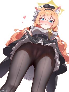  1girl :d absurdres animal_ear_fluff animal_ears black_hairband black_hat black_pantyhose black_skirt blue_archive blue_eyes blush cameltoe cat_ears cat_girl closed_mouth clothes_lift commentary_request crotch_seam dated from_below front-seamed_legwear grey_shirt hairband halo hat high-waist_skirt highres long_hair looking_at_viewer mari_(blue_archive) mari_(idol)_(blue_archive) no_panties official_alternate_costume open_mouth orange_hair pantyhose revision sanwenyu_juan_bing seamed_legwear shirt sidelocks skirt skirt_lift sleeveless sleeveless_shirt smile solo underwear very_long_hair yellow_halo 