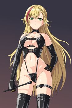  1girl absurdres aposine black_choker black_gloves blonde_hair braid choker closed_mouth collarbone commentary commission cowboy_shot dominatrix elbow_gloves english_commentary gloves halterneck hand_on_own_hip highres jewelry long_hair looking_at_viewer multicolored_hair multiple_rings nahtnaught_(shadowverse) red_hair ring shadowverse solo standing streaked_hair thigh_strap thighs two-tone_hair  rating:Sensitive score:24 user:danbooru