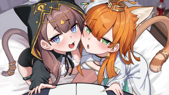  2girls absurdres animal_ears arknights black_jacket black_ribbon blue_eyes blush breasts brown_hair brown_tail chinese_commentary commentary dishui_tangni dress earrings fingernails gold green_eyes hair_behind_ear heads_together highres hood hood_up hooded_jacket indoors infection_monitor_(arknights) jacket jewelry long_hair long_sleeves lower_teeth_only medium_breasts multiple_girls neck_ribbon open_mouth orange_hair papyrus_(arknights) pepe_(arknights) pov ribbon smile tail tail_ornament tail_ring teeth white_dress  rating:Sensitive score:22 user:danbooru