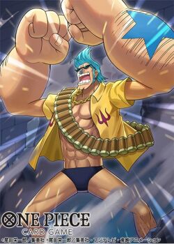  1boy abs arms_up black_panties chain clenched_hands collared_shirt commentary_request copyright_name franky_(one_piece) leg_hair male_focus motion_lines official_art one_piece one_piece_card_game open_clothes open_mouth open_shirt panties pompadour shinra0609 shirt short_hair sideburns solo sunglasses underwear yellow_shirt 