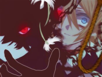  2boys bags_under_eyes basil_(faraway)_(omori) basil_(omori) black_sweater_vest blonde_hair blue_eyes blurry blurry_foreground collared_shirt commentary_request double-parted_bangs egret_orchid flower glowing glowing_eyes grey_background hair_between_eyes hand_up heterochromia highres jitome kauchi_(kani10cauchi) looking_at_viewer male_focus multiple_boys noose omori parted_lips portrait reaching reaching_towards_viewer red_eyes shirt short_hair simple_background stranger_(omori) sweater_vest white_flower white_shirt wide-eyed 