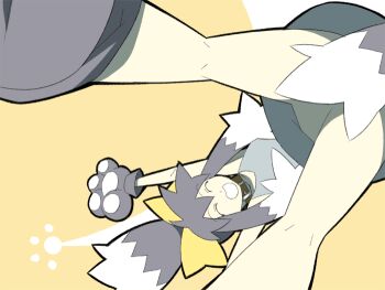  1girl animal_collar animal_ears animal_hands anime_coloring aqua_dress archived_source arms_up belt_buckle black_outline blue_fur blue_hair blue_shoes blue_tail bow buckle closed_eyes collar dog_ears dog_tail dress floppy_ears foreshortening futaba_channel gloves hair_bow happy inu-t itsumo_nokoru kneepits long_hair multicolored_hair nt-tan os-tan outline paw_gloves paw_print red_collar shoes simple_background solo tail teeth thick_outlines two-tone_fur two-tone_gloves two-tone_hair two-tone_tail upside-down white_fur white_hair white_tail yellow_background yellow_bow 