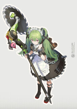 1girl absurdres animal_bag apron bear_bag black_boots black_dress blue_shrimp boots breasts chain charm_(object) circular_saw commentary corin_wickes cuffs dress full_body green_hair grey_background hair_between_eyes highres holding holding_weapon knee_boots long_hair looking_at_viewer maid maid_apron maid_headdress open_mouth outline puffy_short_sleeves puffy_sleeves purple_eyes saw screw_hair_ornament short_sleeves simple_background solo standing twintails twitter_username weapon weapon_charm white_outline zenless_zone_zero