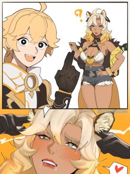  1boy 1girl 2koma ? aether_(genshin_impact) ahoge animal_ears black_eyes black_gloves blonde_hair breasts comic curtained_hair denim denim_shorts drooling finger_in_ear genshin_impact gloves green_eyes heart heart-shaped_pupils high-waist_shorts highres holding holding_phone long_hair looking_at_viewer nail_polish parted_bangs phone saliva shorts silent_comic smile symbol-shaped_pupils twitter_username uncommon_stimulation wavy_hair xilonen_(genshin_impact) yuushiba  rating:Sensitive score:41 user:gyberus