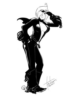  1girl ahoge alternate_costume angel_(kof) belt belt_buckle biker_clothes bikesuit bodysuit boots breasts buckle cleavage cowboy_boots dated eyewear_on_head falcoon fingerless_gloves fringe_trim gloves greyscale hair_over_one_eye hand_on_own_hip large_breasts midriff monochrome salute scarf signature solo spurs sunglasses the_king_of_fighters tongue tongue_out unzipped 