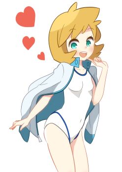  1girl absurdres aqua_eyes blush breasts collarbone commentary_request covered_navel eyelashes finger_to_own_chin heart highres jacket jacket_on_shoulders kisama_(0213) medium_hair misty_(pokemon) nintendo one-piece_swimsuit open_mouth orange_hair pokemon pokemon_hgss simple_background smile solo swimsuit teeth upper_teeth_only white_background white_jacket white_one-piece_swimsuit 