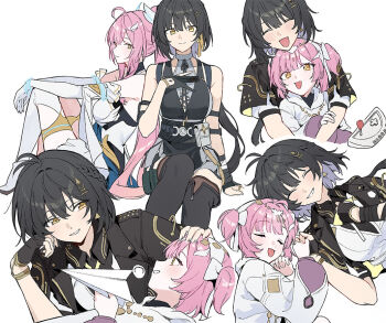  2girls adoptive_parent_and_adoptive_child aemeath_(wuthering_waves) aemeath_(young)_(wuthering_waves) ahoge bare_shoulders black_dress black_gloves black_hair breasts closed_mouth commentary dress elbow_gloves female_rover_(perpetual_spark)_(wuthering_waves) female_rover_(wuthering_waves) gloves hair_ornament hair_ribbon holding holding_paper_airplane long_hair looking_at_viewer low_ponytail medium_breasts mother_and_daughter multiple_girls multiple_views open_mouth paper_airplane pink_hair ponytail rararamax ribbon rover_(wuthering_waves) sitting sleeveless sleeveless_dress smile tacet_mark_(wuthering_waves) untranslatable_commentary wuthering_waves yellow_eyes yellow_ribbon 