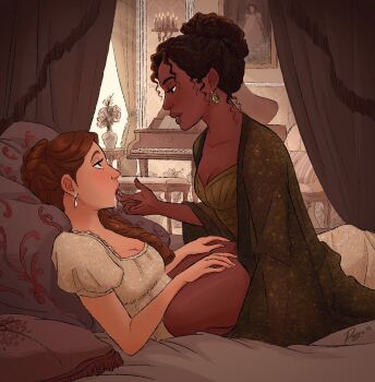  2girls black_eyes bridgerton brown_hair commentary curly_hair curtains dark-skinned_female dark_skin earrings english_commentary finger_in_another's_mouth francesca_bridgerton grand_piano hair_bun hands_on_another's_thighs highres indoors instrument jewelry michaela_stirling multiple_girls on_bed paiges_of_art piano pillow saliva signature yuri 