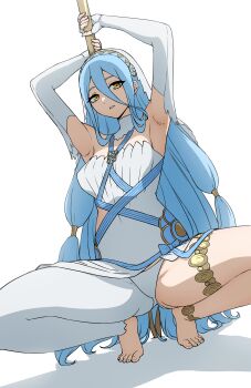  1girl absurdres armpits azura_(fire_emblem) barefoot blue_hair commentary daydarion detached_sleeves dress fire_emblem fire_emblem_fates hair_between_eyes highres holding holding_polearm holding_weapon long_hair looking_at_viewer nintendo polearm shadow simple_background solo toenails toes underwear very_long_hair weapon white_background white_dress yellow_eyes 