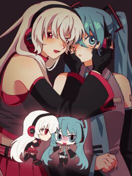  absurdly_long_hair absurdres blue_eyes blue_hair blue_necktie chibi detached_sleeves fingerless_gloves frown gloves hatsune_miku headset highres long_hair looking_at_viewer necktie red_eyes smile sukone_tei twintails utau very_long_hair vocaloid white_hair wide_sleeves yuri zero_(misamxsa08) 