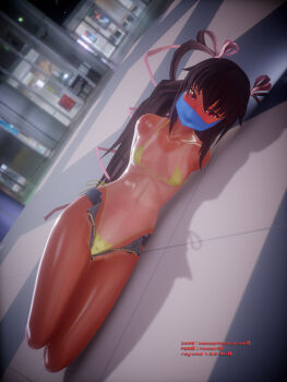  3d arms_behind_back bdsm bikini bondage bound cloth_gag face_mask gag hair_ribbon highres improvised_gag mask mizuki_yukikaze ribbon sarashina shorts side-tie_bikini_bottom swimsuit taimanin_(series) unzipped yellow_bikini 