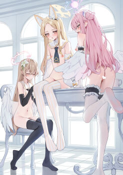 3girls ascot ass black_thighhighs blonde_hair blue_archive blue_ascot breasts brown_hair censored chair change_in_common_sense closed_eyes closed_mouth commentary_request detached_sleeves flat_chest halo heart heart_censor highres loli long_hair looking_at_viewer mika_(blue_archive) multiple_girls nagisa_(blue_archive) navel on_chair on_table open_mouth pink_eyes pink_hair pink_halo pussy seia_(blue_archive) sitting small_breasts smile standing standing_on_one_leg table tea_party_(blue_archive) thighhighs white_sleeves white_thighhighs white_wings wings xiao_lin_jiu yellow_halo rating:Explicit score:242 user:danbooru