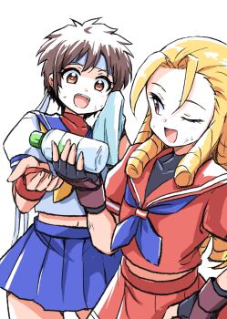  2girls :d ;d black_gloves blonde_hair blue_neckerchief blue_sailor_collar blue_skirt bottle brown_hair drying fingerless_gloves gloves headband highres holding holding_bottle holding_towel ikaringo_(ikaringo4444) kanzuki_karin kasugano_sakura long_hair looking_at_another midriff multiple_girls navel neckerchief one_eye_closed open_mouth pleated_skirt red_eyes red_serafuku red_shirt red_skirt sailor_collar school_uniform serafuku shirt short_hair short_sleeves skirt smile street_fighter towel water_bottle white_background white_headband white_shirt yellow_neckerchief 
