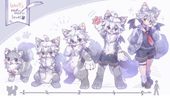  1boy :< absurdres ahoge animal_ear_fluff animal_ears arrow_(symbol) blush body_fur brown_shoes chest_tuft claws closed_mouth commentary_request commission dot_nose full_body furry furry_scale grey_background grey_fur grey_tail gurumin_(gurruguru) hair_between_eyes highres looking_at_viewer mini_wings navel open_mouth original paw_print pawpads purple_eyes sailor_collar shoes shorts skeb_commission socks standing tail thick_eyebrows thick_thighs thighs tongue tongue_out variations white_background white_fur white_hair white_socks wings 