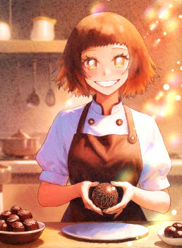  1girl apron black_apron chocolate commentary food gradient_hair grey_hair grin holding holding_chocolate holding_food indoors kimetsu_no_yaiba kitchen looking_at_viewer multicolored_hair orange_hair shirt short_hair smile solo sunlight susamaru_(kimetsu_no_yaiba) teeth valentine white_shirt yellow_eyes yuki_(nyge2252) 