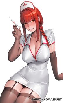 1girl absurdres black_garter_straps black_gloves black_thighhighs braid breasts chainsaw_man cleavage commentary dress elbow_gloves garter_straps gloves grin hat highres holding holding_syringe invisible_chair large_breasts limart looking_at_viewer makima_(chainsaw_man) nurse nurse_cap paid_reward_available patreon_username pencil_dress red_hair ringed_eyes short_sleeves sitting smile solo syringe thighhighs white_background white_dress yellow_eyes rating:Sensitive score:32 user:danbooru