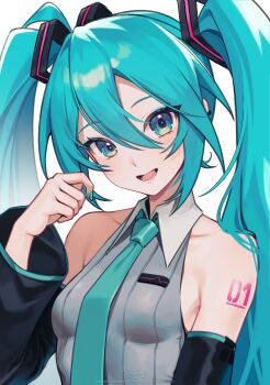  1girl absurdres aqua_eyes aqua_hair aqua_nails aqua_necktie arm_tattoo bare_shoulders black_sleeves breasts collarbone collared_shirt commentary_request detached_sleeves fingernails grey_shirt hair_between_eyes hair_ornament hatsune_miku hatsune_miku_(vocaloid6) highres long_hair long_sleeves looking_at_viewer murmoruno nail_polish necktie number_tattoo shirt simple_background sleeveless sleeveless_shirt small_breasts smile tattoo twintails very_long_hair vocaloid white_background wide_sleeves 
