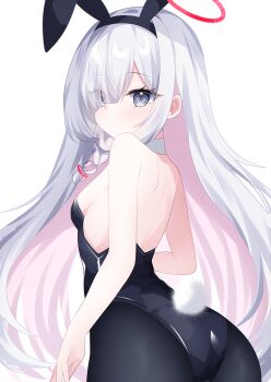  1girl alternate_costume animal_ear_hairband animal_ears ass back bare_arms bare_shoulders black_eyes black_hairband black_leotard black_pantyhose blue_archive braid breasts chinese_commentary closed_mouth colored_inner_hair commentary_request dot_mouth dot_nose expressionless eyes_visible_through_hair fake_animal_ears fake_tail from_behind hair_over_one_eye hairband halo highres kagetsukiyuuya leotard light_blush long_hair looking_at_viewer looking_back multicolored_hair pantyhose pink_hair plana_(blue_archive) playboy_bunny rabbit_ears rabbit_tail red_halo red_pupils short_braid side_braid sideboob simple_background single_braid slit_pupils small_breasts solo standing strapless strapless_leotard swept_bangs tail turning_head two-tone_hair upper_body very_long_hair white_background white_hair 
