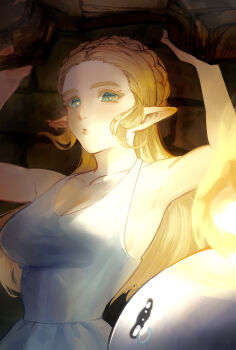 1girl arms_up blonde_hair blue_eyes braid breasts cleavage commentary_request crown_braid dress highres holding long_hair medium_breasts nintendo parted_lips pointy_ears princess_zelda sakurachi sleeveless sleeveless_dress solo_focus the_legend_of_zelda the_legend_of_zelda:_echoes_of_wisdom upper_body white_dress rating:Sensitive score:4 user:danbooru